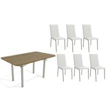 Conjunto: Mesa Sala Jantar Elba c/ Tampo de Madeira 160cm e 6 Cadeiras Amsterdã Niquel/Nogueira - Courano Branco - Kappesberg