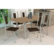 Conjunto: Mesa Sala Jantar Elba c/ Tampo de Madeira 160cm e 6 Cadeiras Florença Niquel/Nogueira - Courano Marrom - Kappesberg