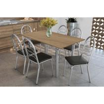 Conjunto: Mesa Sala Jantar Elba c/ Tampo de Madeira 160cm e 6 Cadeiras Holanda Cromada/Nogueira - Courano Preto - Kappesberg