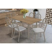 Conjunto: Mesa Sala Jantar Elba c/ Tampo de Madeira 160cm e 6 Cadeiras Holanda Niquel/Nogueira - Courano Branco - Kappesberg