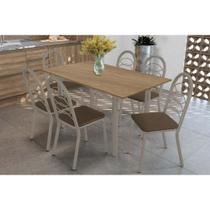 Conjunto: Mesa Sala Jantar Elba c/ Tampo de Madeira 160cm e 6 Cadeiras Holanda Niquel/Nogueira - Courano Marrom - Kappesberg Conjunto: Mesa Sala Jantar Elba c/ Tampo de Madeira 160cm e 6 Cadeiras Holanda Niquel/Nogueira - Courano Marrom - Kappesberg