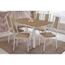 Conjunto: Mesa Sala Jantar Elba c/ Tampo de Madeira 160cm e 6 Cadeiras Lisboa Cromada/Nogueira - Courano Capuccino - Kappesberg Conjunto: Mesa Sala Jantar Elba c/ Tampo de Madeira 160cm e 6 Cadeiras Lisboa Cromada/Nogueira - Courano Capuccino - Kappesberg