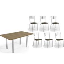 Conjunto: Mesa Sala Jantar Elba c/ Tampo de Madeira 160cm e 6 Cadeiras Portugal Cromada/Nogueira - Courano Marrom - Kappesberg Conjunto: Mesa Sala Jantar Elba c/ Tampo de Madeira 160cm e 6 Cadeiras Portugal Cromada/Nogueira - Courano Marrom - Kappesberg