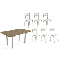 Conjunto: Mesa Sala Jantar Elba c/ Tampo de Madeira 160cm e 6 Cadeiras Portugal Niquel/Nogueira - Courano Branco - Kappesberg