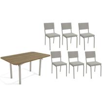 Conjunto: Mesa Sala Jantar Elba c/ Tampo de Madeira 160cm e 6 Cadeiras Zaria Niquel/Nogueira - Boucle Cinza - Kappesberg Conjunto: Mesa Sala Jantar Elba c/ Tampo de Madeira 160cm e 6 Cadeiras Zaria Niquel/Nogueira - Boucle Cinza - Kappesberg