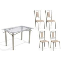 Conjunto: Mesa Sala Jantar Elba c/ Tampo de Vidro 120cm e 4 Cadeiras Florença Niquel - Courano Bege - Kappesberg Conjunto: Mesa Sala Jantar Elba c/ Tampo de Vidro 120cm e 4 Cadeiras Florença Niquel - Courano Bege - Kappesberg