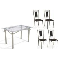 Conjunto: Mesa Sala Jantar Elba c/ Tampo de Vidro 120cm e 4 Cadeiras Florença Niquel - Courano Preto - Kappesberg