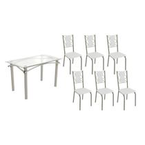 Conjunto: Mesa Sala Jantar Elba c/ Tampo de Vidro 120cm e 6 Cadeiras Lisboa Niquel - Courano Branco - Kappesberg
