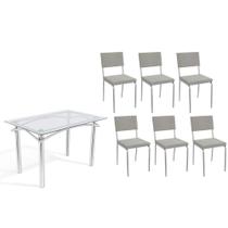 Conjunto: Mesa Sala Jantar Elba c/ Tampo de Vidro 120cm e 6 Cadeiras Zaria Cromada - Boucle Cinza - Kappesberg