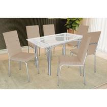 Conjunto: Mesa Sala Jantar Elba c/ Tampo de Vidro 150cm e 6 Cadeiras Amsterdã Cromada - Courano Bege - Kappesberg Conjunto: Mesa Sala Jantar Elba c/ Tampo de Vidro 150cm e 6 Cadeiras Amsterdã Cromada - Courano Bege - Kappesberg