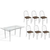 Conjunto: Mesa Sala Jantar Elba c/ Tampo de Vidro 150cm e 6 Cadeiras Noruega Cromada - Courano Marrom - Kappesberg