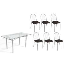 Conjunto: Mesa Sala Jantar Elba c/ Tampo de Vidro 150cm e 6 Cadeiras Noruega Cromada - Courano Preto - Kappesberg Conjunto: Mesa Sala Jantar Elba c/ Tampo de Vidro 150cm e 6 Cadeiras Noruega Cromada - Courano Preto - Kappesberg