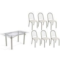 Conjunto: Mesa Sala Jantar Elba c/ Tampo de Vidro 150cm e 6 Cadeiras Noruega Niquel - Courano Branco - Kappesberg
