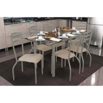 Conjunto: Mesa Sala Jantar Elba c/ Tampo de Vidro 150cm e 6 Cadeiras Portugal Niquel - Courano Bege - Kappesberg
