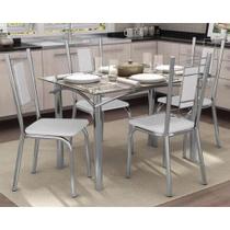 Conjunto: Mesa Sala Jantar Elba c/ Tampo Vidro 120cm + 4 Cadeiras Florença Cromado/Courano Branco - Kappesberg