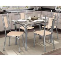 Conjunto: Mesa Sala Jantar Elba c/ Tampo Vidro 120cm + 4 Cadeiras Florença Cromado/Courano Nude - Kappesberg Conjunto: Mesa Sala Jantar Elba c/ Tampo Vidro 120cm + 4 Cadeiras Florença Cromado/Courano Nude - Kappesberg