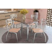 Conjunto: Mesa Sala Jantar Elba c/ Tampo Vidro 120cm + 4 Cadeiras Portugal Cromado/Courano Nude - Kappesberg Conjunto: Mesa Sala Jantar Elba c/ Tampo Vidro 120cm + 4 Cadeiras Portugal Cromado/Courano Nude - Kappesberg