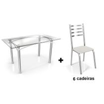 Conjunto: Mesa Sala Jantar Elba c/ Tampo Vidro 140cm + 6 Cadeiras Alemanha Cromado/Courano Branco - Kappesberg