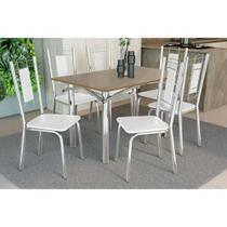 Conjunto: Mesa Sala Jantar Elba Tampo Madeirado c/ Vidro 120cm e 6 Cadeiras Florença Cromada/Freijo Bronze - Courano Branco - Kappesberg