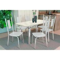 Conjunto: Mesa Sala Jantar Elba Tampo Madeirado c/ Vidro 120cm e 6 Cadeiras Florença Cromada/Off White - Courano Branco - Kappesberg