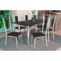 Conjunto: Mesa Sala Jantar Elba Tampo Madeirado c/ Vidro 120cm e 6 Cadeiras Florença Cromada/Preto - Courano Preto - Kappesberg Conjunto: Mesa Sala Jantar Elba Tampo Madeirado c/ Vidro 120cm e 6 Cadeiras Florença Cromada/Preto - Courano Preto - Kappesberg