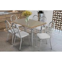 Conjunto: Mesa Sala Jantar Elba Tampo Madeirado c/ Vidro 120cm e 6 Cadeiras Holanda Cromada/Freijo Bronze - Courano Branco - Kappesberg Conjunto: Mesa Sala Jantar Elba Tampo Madeirado c/ Vidro 120cm e 6 Cadeiras Holanda Cromada/Freijo Bronze - Courano Branco - Kappesberg