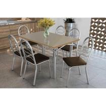 Conjunto: Mesa Sala Jantar Elba Tampo Madeirado c/ Vidro 120cm e 6 Cadeiras Holanda Cromada/Freijo Bronze - Courano Marrom - Kappesberg