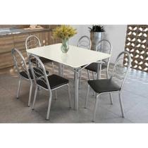 Conjunto: Mesa Sala Jantar Elba Tampo Madeirado c/ Vidro 120cm e 6 Cadeiras Holanda Cromada/Off White - Courano Preto - Kappesberg