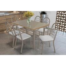 Conjunto: Mesa Sala Jantar Elba Tampo Madeirado c/ Vidro 120cm e 6 Cadeiras Holanda Niquel/Freijo Bronze - Courano Branco - Kappesberg