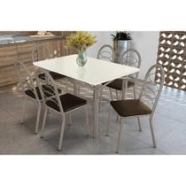 Conjunto: Mesa Sala Jantar Elba Tampo Madeirado c/ Vidro 120cm e 6 Cadeiras Holanda Niquel/Off White - Courano Marrom - Kappesberg