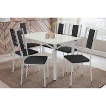 Conjunto: Mesa Sala Jantar Elba Tampo Madeirado c/ Vidro 120cm e 6 Cadeiras Lisboa Cromada/Off White - Courano Preto - Kappesberg