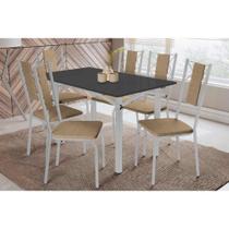 Conjunto: Mesa Sala Jantar Elba Tampo Madeirado c/ Vidro 120cm e 6 Cadeiras Lisboa Cromada/Preto - Courano Capuccino - Kappesberg Conjunto: Mesa Sala Jantar Elba Tampo Madeirado c/ Vidro 120cm e 6 Cadeiras Lisboa Cromada/Preto - Courano Capuccino - Kappesberg