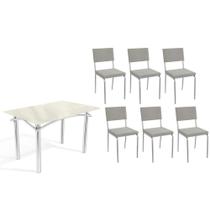 Conjunto: Mesa Sala Jantar Elba Tampo Madeirado c/ Vidro 120cm e 6 Cadeiras Zaria Cromada/Off White - Boucle Cinza - Kappesberg Conjunto: Mesa Sala Jantar Elba Tampo Madeirado c/ Vidro 120cm e 6 Cadeiras Zaria Cromada/Off White - Boucle Cinza - Kappesberg