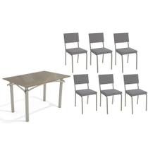 Conjunto: Mesa Sala Jantar Elba Tampo Madeirado c/ Vidro 120cm e 6 Cadeiras Zaria Niquel/Freijo Bronze - Suede Cinza - Kappesberg