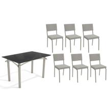Conjunto: Mesa Sala Jantar Elba Tampo Madeirado c/ Vidro 120cm e 6 Cadeiras Zaria Niquel/Preto - Boucle Cinza - Kappesberg Conjunto: Mesa Sala Jantar Elba Tampo Madeirado c/ Vidro 120cm e 6 Cadeiras Zaria Niquel/Preto - Boucle Cinza - Kappesberg