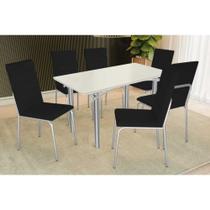 Conjunto: Mesa Sala Jantar Elba Tampo Madeirado c/ Vidro 160cm e 6 Cadeiras Amsterdã Cromada/Off White - Courano Preto - Kappesberg Conjunto: Mesa Sala Jantar Elba Tampo Madeirado c/ Vidro 160cm e 6 Cadeiras Amsterdã Cromada/Off White - Courano Preto - Kappesberg