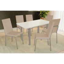 Conjunto: Mesa Sala Jantar Elba Tampo Madeirado c/ Vidro 160cm e 6 Cadeiras Amsterdã Niquel/Off White - Courano Bege - Kappesberg Conjunto: Mesa Sala Jantar Elba Tampo Madeirado c/ Vidro 160cm e 6 Cadeiras Amsterdã Niquel/Off White - Courano Bege - Kappesberg
