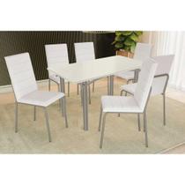Conjunto: Mesa Sala Jantar Elba Tampo Madeirado c/ Vidro 160cm e 6 Cadeiras Amsterdã Niquel/Off White - Courano Branco - Kappesberg
