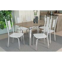 Conjunto: Mesa Sala Jantar Elba Tampo Madeirado c/ Vidro 160cm e 6 Cadeiras Florença Cromada/Freijo Bronze - Courano Branco - Kappesberg Conjunto: Mesa Sala Jantar Elba Tampo Madeirado c/ Vidro 160cm e 6 Cadeiras Florença Cromada/Freijo Bronze - Courano Branco - Kappesberg