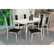 Conjunto: Mesa Sala Jantar Elba Tampo Madeirado c/ Vidro 160cm e 6 Cadeiras Florença Cromada/Off White - Courano Preto - Kappesberg