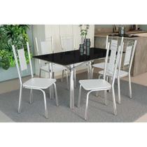 Conjunto: Mesa Sala Jantar Elba Tampo Madeirado c/ Vidro 160cm e 6 Cadeiras Florença Cromada/Preto - Courano Branco - Kappesberg Conjunto: Mesa Sala Jantar Elba Tampo Madeirado c/ Vidro 160cm e 6 Cadeiras Florença Cromada/Preto - Courano Branco - Kappesberg