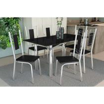 Conjunto: Mesa Sala Jantar Elba Tampo Madeirado c/ Vidro 160cm e 6 Cadeiras Florença Cromada/Preto - Courano Preto - Kappesberg Conjunto: Mesa Sala Jantar Elba Tampo Madeirado c/ Vidro 160cm e 6 Cadeiras Florença Cromada/Preto - Courano Preto - Kappesberg