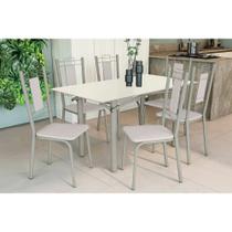 Conjunto: Mesa Sala Jantar Elba Tampo Madeirado c/ Vidro 160cm e 6 Cadeiras Florença Niquel/Off White - Courano Branco - Kappesberg