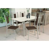 Conjunto: Mesa Sala Jantar Elba Tampo Madeirado c/ Vidro 160cm e 6 Cadeiras Florença Niquel/Off White - Courano Marrom - Kappesberg