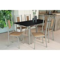 Conjunto: Mesa Sala Jantar Elba Tampo Madeirado c/ Vidro 160cm e 6 Cadeiras Florença Niquel/Preto - Courano Capuccino - Kappesberg Conjunto: Mesa Sala Jantar Elba Tampo Madeirado c/ Vidro 160cm e 6 Cadeiras Florença Niquel/Preto - Courano Capuccino - Kappesberg