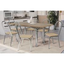 Conjunto: Mesa Sala Jantar Elba Tampo Madeirado c/ Vidro 160cm e 6 Cadeiras Holanda Cromada/Freijo Bronze - Courano Bege - Kappesberg