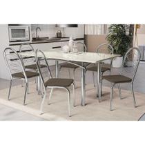 Conjunto: Mesa Sala Jantar Elba Tampo Madeirado c/ Vidro 160cm e 6 Cadeiras Holanda Cromada/Off White - Courano Marrom - Kappesberg