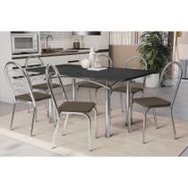 Conjunto: Mesa Sala Jantar Elba Tampo Madeirado c/ Vidro 160cm e 6 Cadeiras Holanda Cromada/Preto - Courano Marrom - Kappesberg