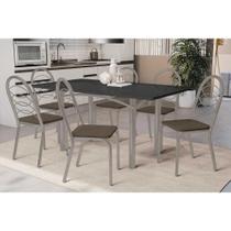 Conjunto: Mesa Sala Jantar Elba Tampo Madeirado c/ Vidro 160cm e 6 Cadeiras Holanda Niquel/Preto - Courano Marrom - Kappesberg