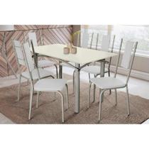 Conjunto: Mesa Sala Jantar Elba Tampo Madeirado c/ Vidro 160cm e 6 Cadeiras Lisboa Niquel/Off White - Courano Branco - Kappesberg